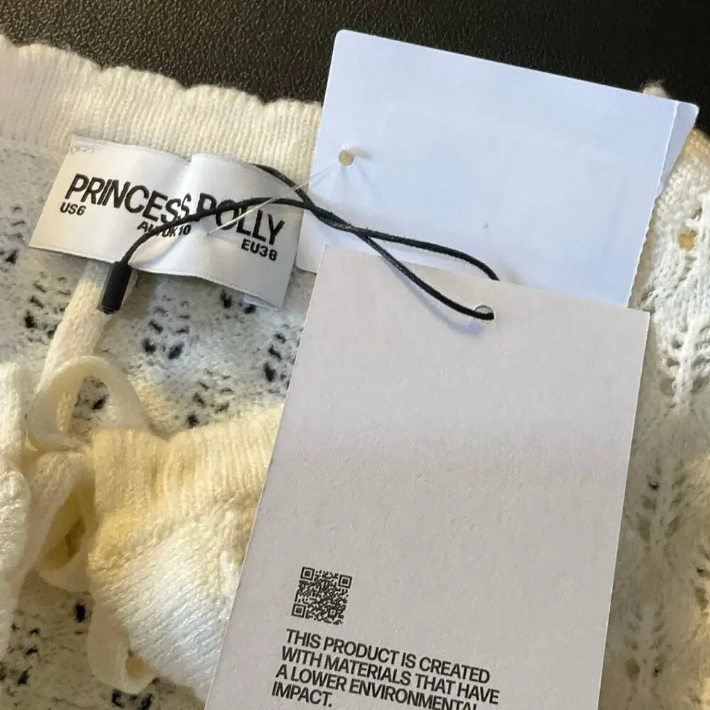 Princess Polly Ivory Tie Front Knit Top S Crochet Short Sleeve Sweater NWT